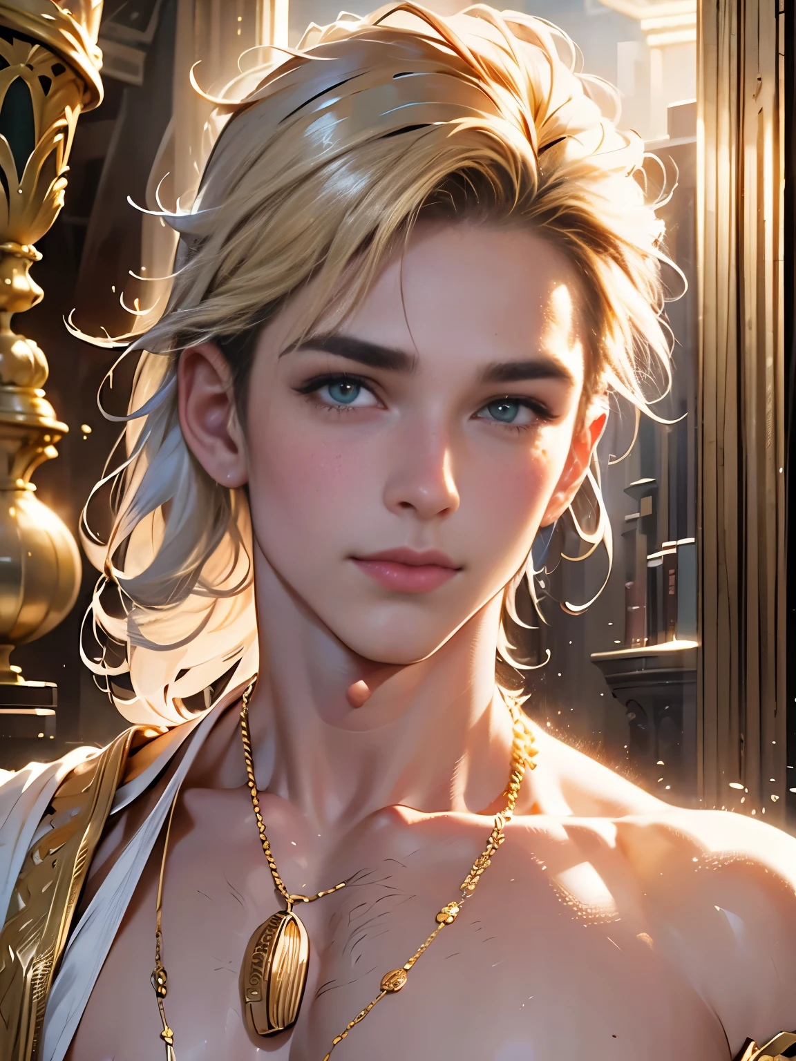 High Art - Portrait of Apollo, god of love and beauty. ! His beauty is incredible . body structure - perfection ! Handsome young man . naked. only a loincloth . perfect chest muscles and big nipples on the chest . Emerald eyes . blonde hair ,on the neck there is a gold chain with a sparkling pendant and on the hand there is a sparkling bracelet. In the Golden Palace ! A photographic portrait of Apollo at his best ! top quality.