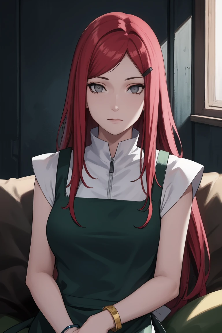 {-erro_de_anatomia:1.0} kushina, kushina, long hair, hair ornament, red hair, red head, hairclip, (grey eyes:1.5), BREAK shirt, dress, jewelry, white shirt, short sleeves, apron, bracelet, green apron, collar, BREAK looking at viewer, upper body, full body, cowboy shot, BREAK indoors, BREAK (masterpiece:1.2), best quality, high resolution, unity 8k wallpaper, (illustration:0.8), (beautiful detailed eyes:1.6), extremely detailed face, perfect lighting, extremely detailed CG, (perfect hands, perfect anatomy),sitting on the sofa