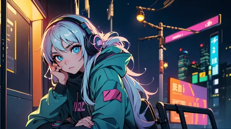 (best quality, detailed, perfect face, beautiful girl listening to music, sitting at a bus stop, cyberpunk appearance, unique ha...