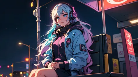 (best quality, detailed, perfect face, beautiful girl listening to music, sitting at a bus stop, cyberpunk appearance, unique ha...