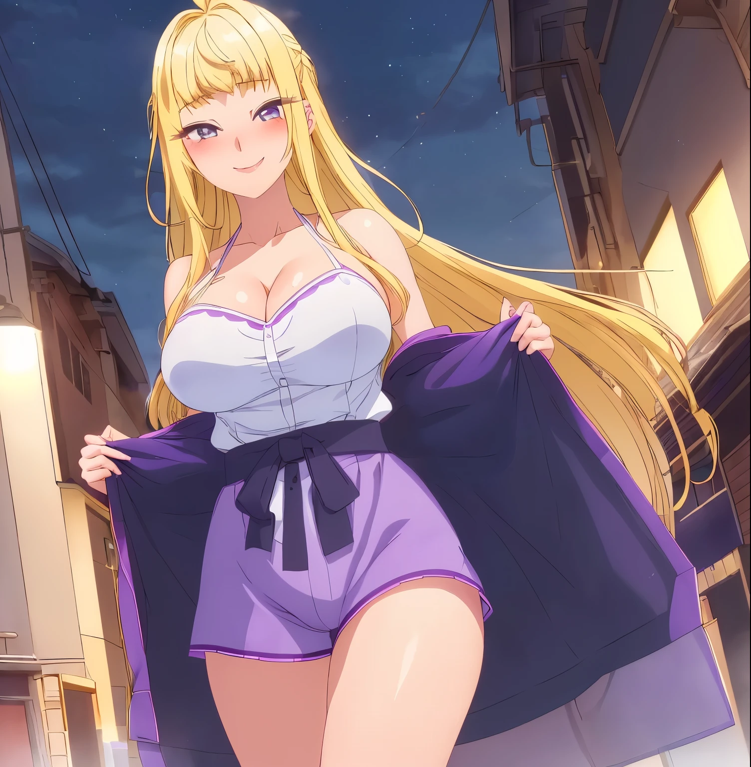 Anime girl in purple shorts and white top walking down a street - SeaArt AI