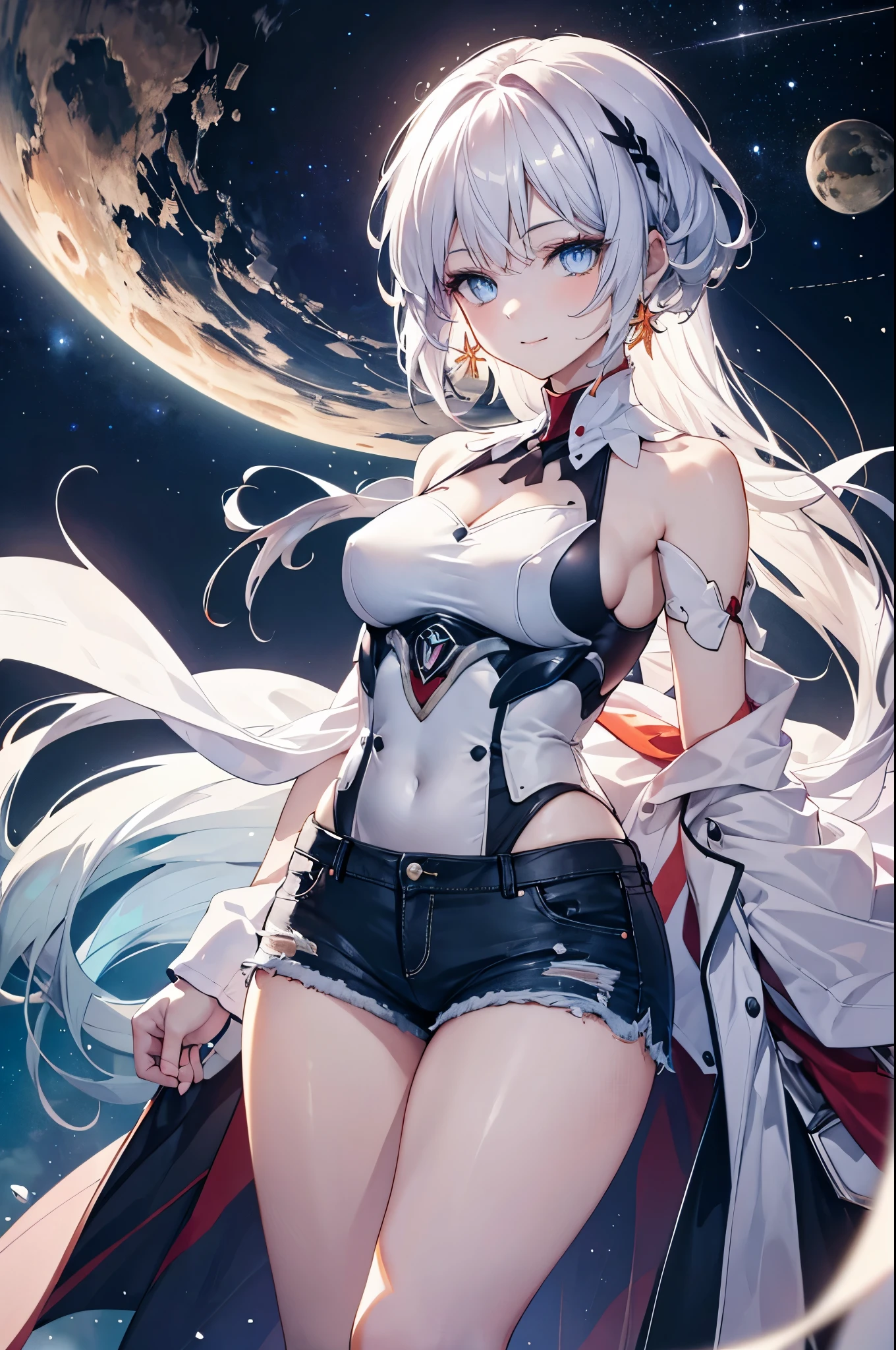 realistic image, coherent image, detailed image, 1 beautiful girl. She has silver hair, long hair. Blue eyes, long eyelashes. Her face is oval and delicate. Smiling. She is wearing a small sleeveless shirt, jean shorts. She has a curvy body, medium breasts, thick thighs. she pose sexy. Background of the universe, surrounded by stars. natural lighting in front, volumetric lighting