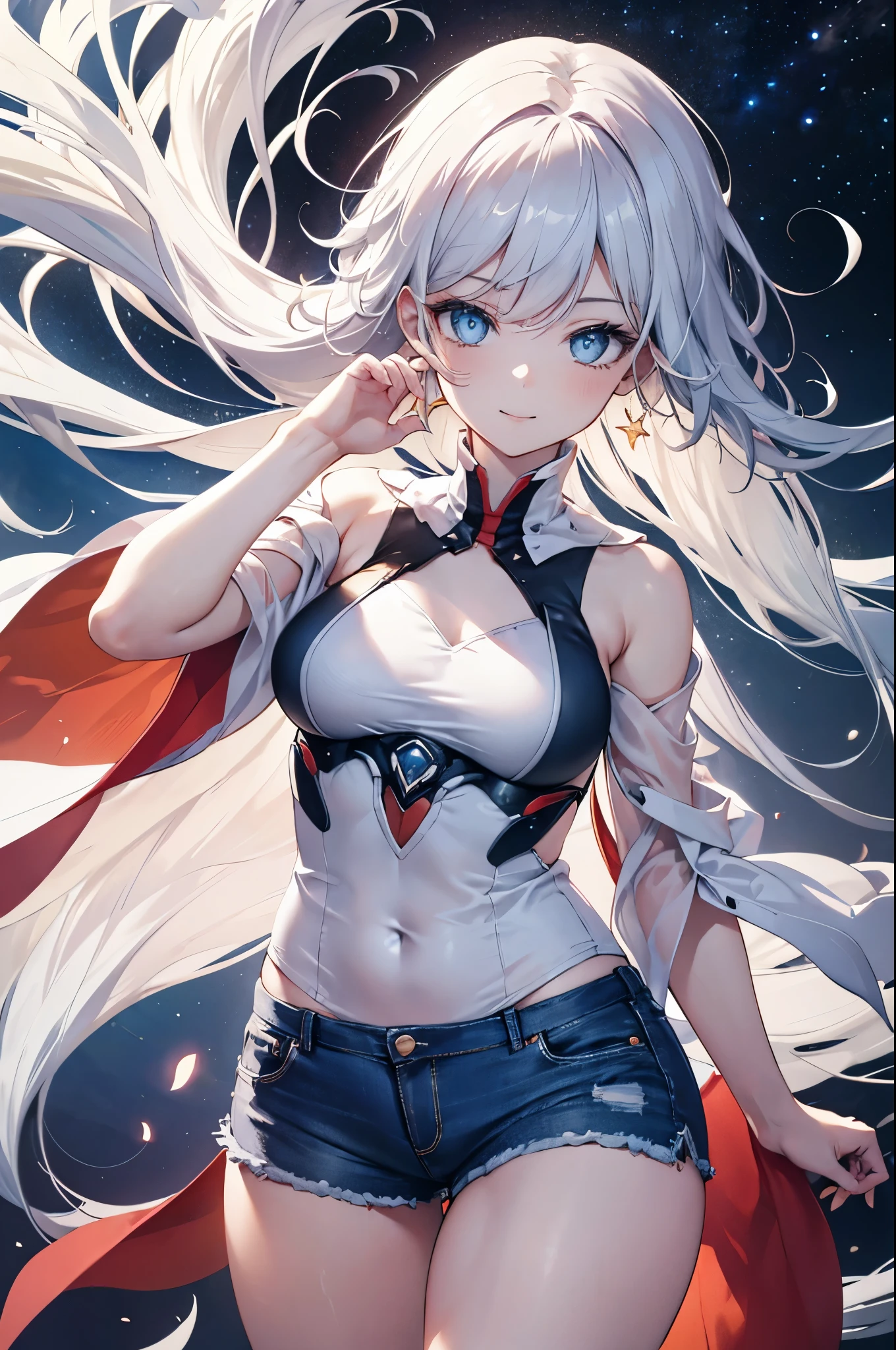 realistic image, coherent image, detailed image, 1 beautiful girl. She has silver hair, long hair. Blue eyes, long eyelashes. Her face is oval and delicate. Smiling. She is wearing a small sleeveless shirt, jean shorts. She has a curvy body, medium breasts, thick thighs. she pose sexy. Background of the universe, surrounded by stars. natural lighting in front, volumetric lighting