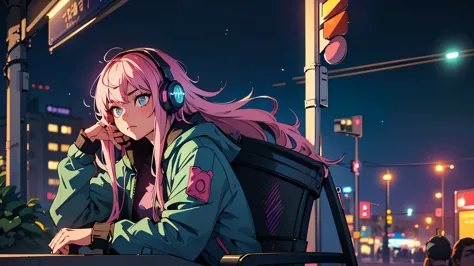 (best quality, detailed, perfect face, beautiful girl listening to music, sitting at a bus stop, cyberpunk appearance, unique ha...