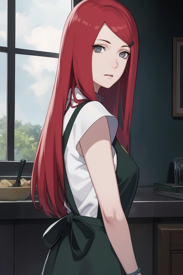 {-erro_de_anatomia:1.0} kushina, kushina, long hair, hair ornament, red hair, red head, hairclip, (grey eyes:1.5), BREAK shirt, dress, jewelry, white shirt, short sleeves, apron, bracelet, green apron, collar, BREAK looking at viewer, upper body, full body, cowboy shot, BREAK indoors, BREAK (masterpiece:1.2), best quality, high resolution, unity 8k wallpaper, (illustration:0.8), (beautiful detailed eyes:1.6), extremely detailed face, perfect lighting, extremely detailed CG, (perfect hands, perfect anatomy),backwards, looking back