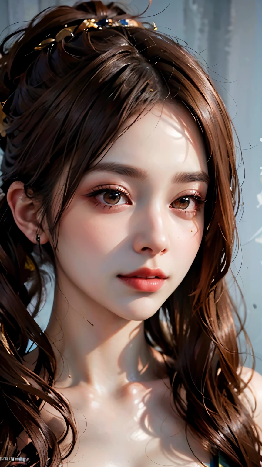 (8k、lifelike、RAW photography、Top quality)、(1 girl)、beautiful face、(cute face)、(Reddish-brown hair、Long curly hair)、Beautiful high ponytail hairstyle、lifelike eyes、red glasses，Beautiful details、（real skin）、Beautiful skin、（Ren Hao）、absurdes、Tempting、huge ，smile，ultra high resolution、Hyperrealistic Realism、high detail、golden ratio，There is a lot of translucent liquid on the face（nasal discharge）
