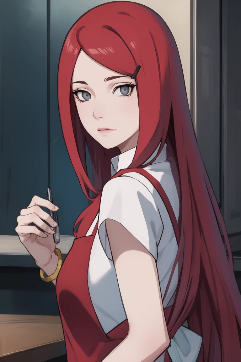 {-erro_de_anatomia:1.0} kushina, kushina, long hair, hair ornament, red hair, red head, hairclip, (grey eyes:1.5), BREAK shirt, dress, jewelry, white shirt, short sleeves, apron, bracelet, green apron, collar, BREAK looking at viewer, upper body, full body, cowboy shot, BREAK indoors, BREAK (masterpiece:1.2), best quality, high resolution, unity 8k wallpaper, (illustration:0.8), (beautiful detailed eyes:1.6), extremely detailed face, perfect lighting, extremely detailed CG, (perfect hands, perfect anatomy),backwards, looking back, with your husband, Minato.