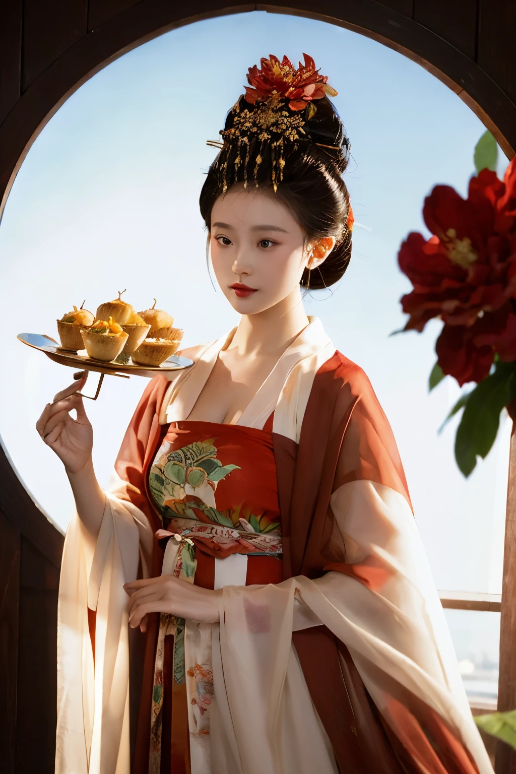 zanhua, best quality, masterpiece, 1 girl,Upper body, holding flower, Red flowers on the head, Wearing Hanfu, red and white colors, see-through outfit， view viewer,   bird, flower, black hair, ((莲flower)), alone, hair accessories, water, reflection, sunlight,  movie lighting,reality，photo，Egg tarts，Roasted wings，Fried chicken thighs，food plate