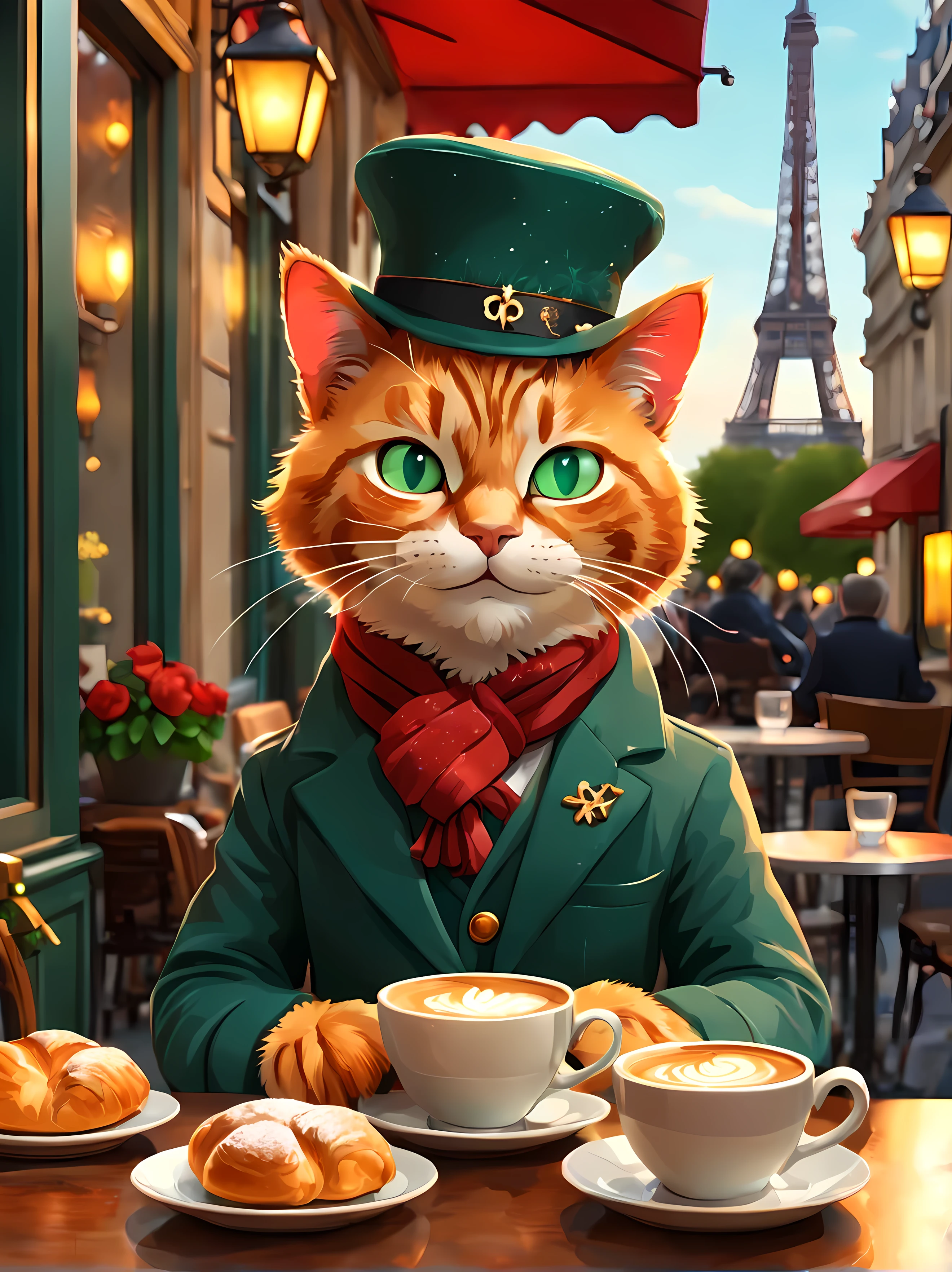 Pixel art, concevoir une image captivante d&#39;un charmant ((anthropomorphe)) chat roux élégamment assis à une petite table de bistro avec un arrangement de croissants et une tasse fumante de café riche, porter une tenue élégante, un béret français classique légèrement incliné d&#39;un côté, et une écharpe rouge, cadre café convivial, dégageant une ambiance chaleureuse et invitante, ambiance parisienne romantique, éclairage d&#39;ambiance doux. | La silhouette de la Tour Eiffel au loin. | Yeux émeraude vifs, pétillant, (souriant directement au spectateur), ((épique)). | ((Plus_détail))