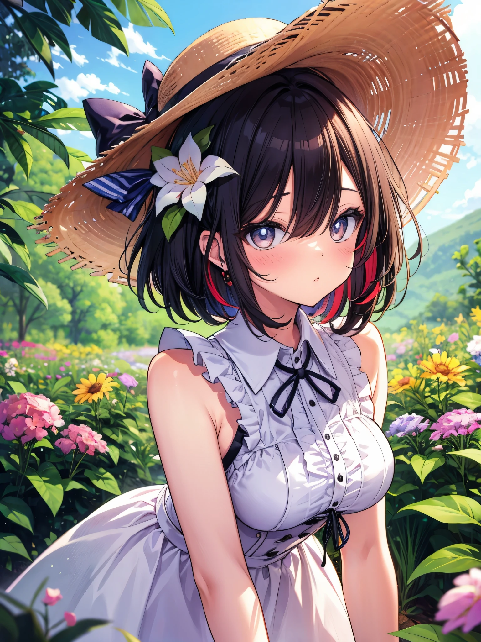 (cowboy shot), (best quality, ultra-high resolution, depth of field:1.2), adult, 1woman, toned body, medium breasts, wide hips, solo, black hair, streaked hair, short hair, bangs, upturned eyes, bright eyes, (wearing light blue summer dress), summer hat, flower field scenery, bored, serious expression