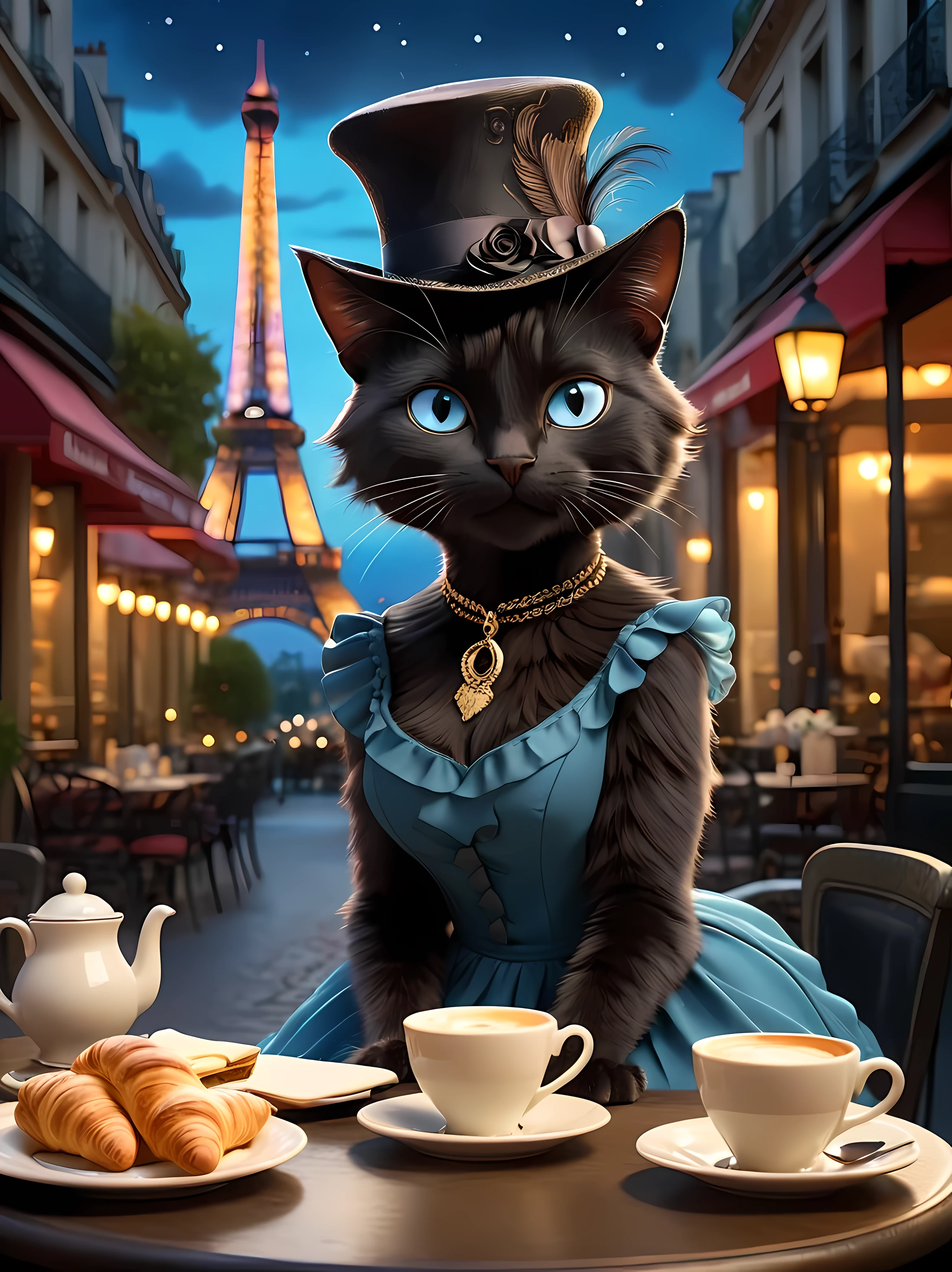 diseñar una imagen cautivadora de un encantador ((antropomórfico)) gato negro elegantemente sentado en una pequeña mesa de bistro con un arreglo de croissants y una humeante taza de rico café, por la noche, Vistiendo un (de moda) vestido, un sombrero de plumas caprichoso, ambiente acogedor de cafetería, irradiando un ambiente cálido y acogedor, ambiente romántico parisino, iluminación ambiental suave. | La silueta de la Torre Eiffel a lo lejos.. | Vivid blue eyes, espumoso, (sonriendo directamente al espectador), ((épico)). | ((más_detalle))