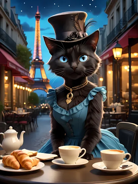 Design a captivating image of a charming ((anthropomorphic)) black cat elegantly seated at a small bistro table with an arrangem...