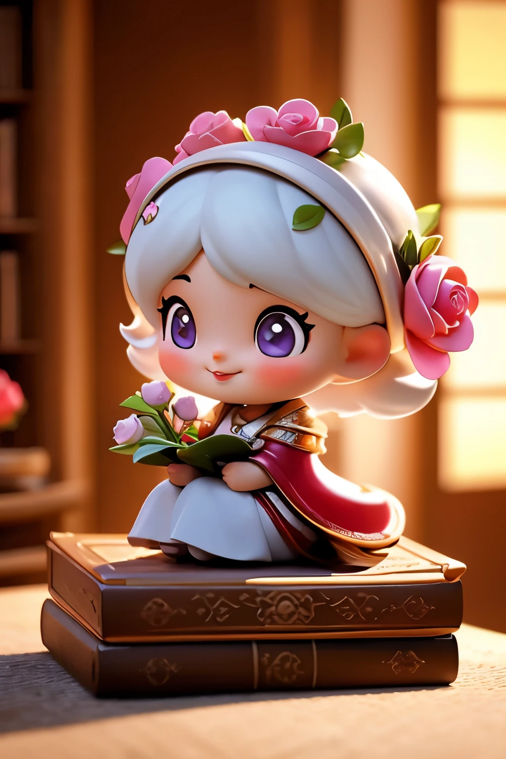 １Garota Chibi sentindo o perfume de flores rosas em um livro、Olhos como joias、Tire uma foto super close-up dos lábios de lado、sorriso