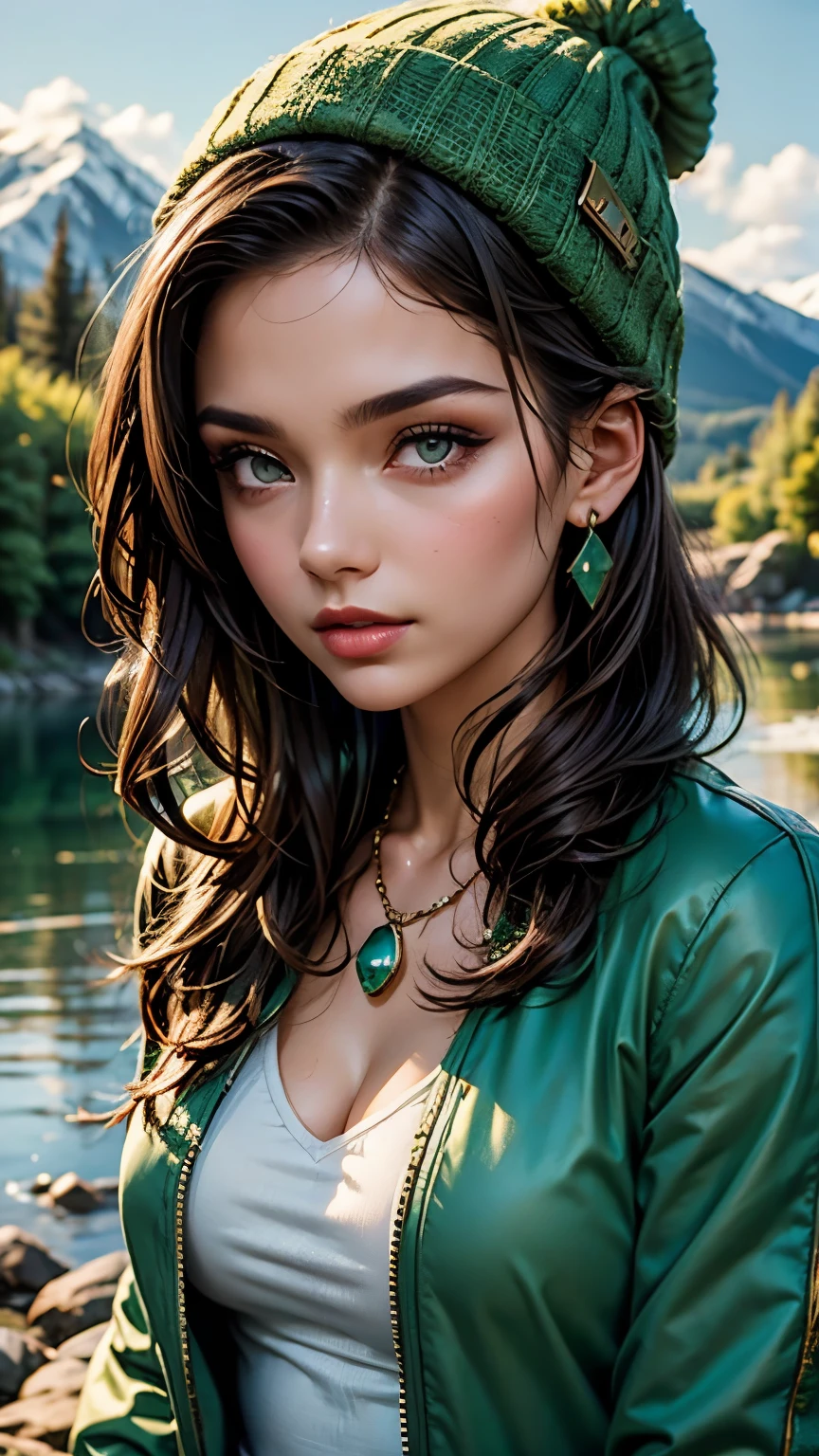 Very very very sexy girl, brunette hair style, wearing a woollen beanie, wearing red laced collar, wearing green jewellery, necklace, earnings, wearing a green jacket, body shot, Detailed skin, Detailed Face, Detailed Lips, Detailed Eyes, ((bule eyes)),  light make up, textured skin, super detail lighting, country background, summer atmosphere, lake, 