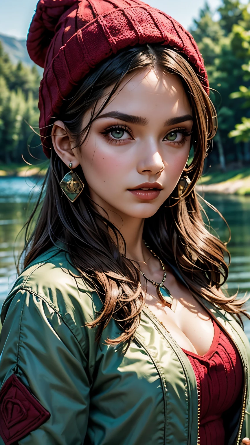 Very very very sexy girl, brunette hair style, wearing a woollen beanie, wearing red laced collar, wearing green jewellery, necklace, earnings, wearing a green jacket, body shot, Detailed skin, Detailed Face, Detailed Lips, Detailed Eyes, ((bule eyes)),  light make up, textured skin, super detail lighting, country background, summer atmosphere, lake, 
