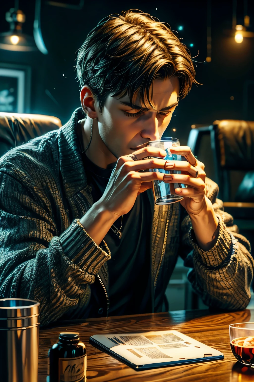 man, taking a pill, drinking