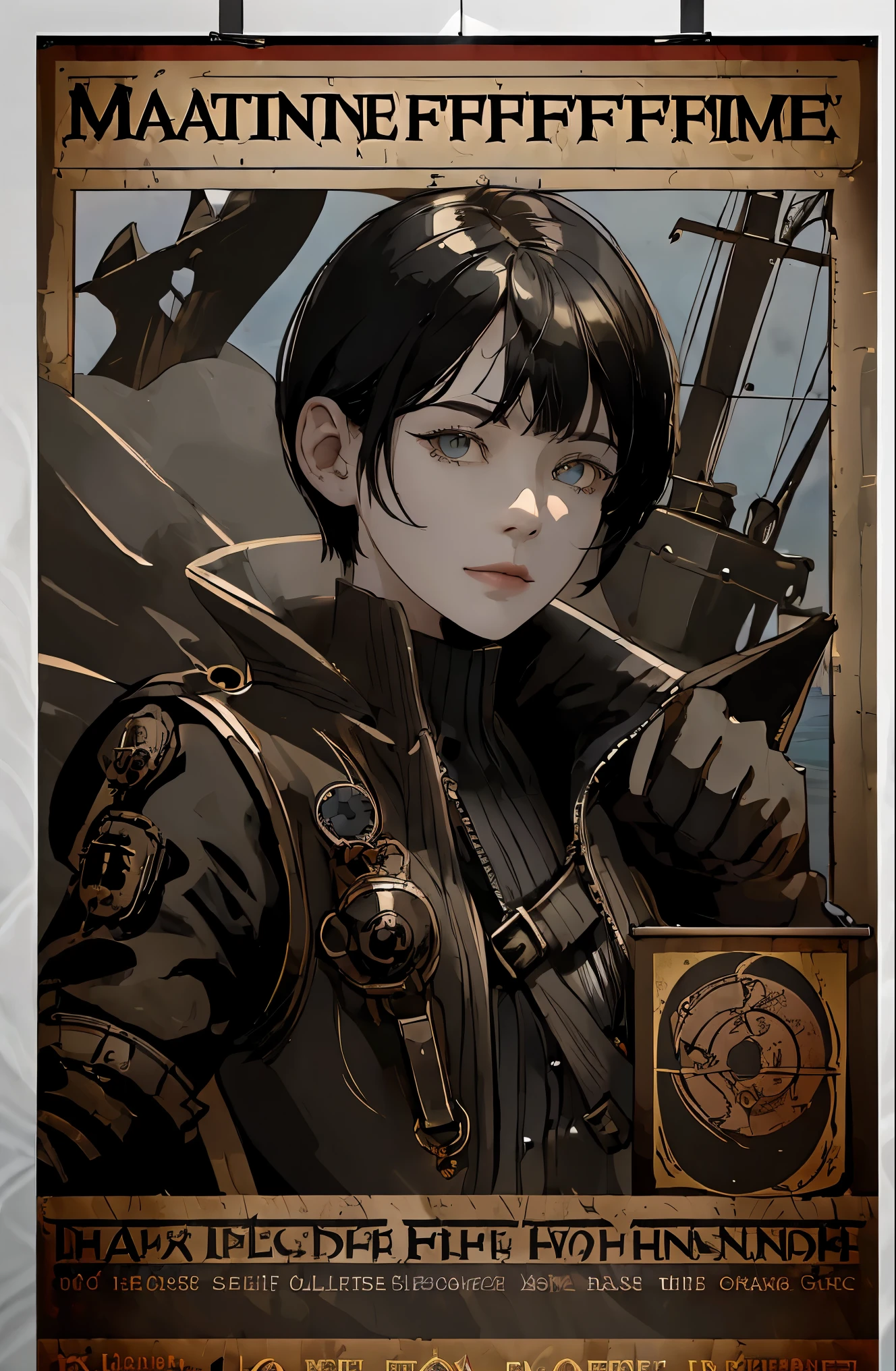 ((((((Maritime Self-Defense Force poster))))))、(absurd、High resolution、Super detailed)、1 female、mature woman、grow older、The hairstyle is short cut、split color hair、heterochromia iris、bangs、long sleeve、small eyes and small face、8K wallpaper that integrates high-definition CG、intricate details、(style-rustmagic:0.8)、(medieval cyborg:0.8)、portrait、(bloody wound:0.7)、look at the audience、alone、half shot、detailed background、(Steampunk theme:1.1)Definitive expression、Dark Cooks Technomancer、 floating light、Geared color leather vest、technology wear、jet pack、Workshop in the background、Mechanical、device、vapor、industry、technology、furnace、impurities、anvil、button、lever、automaton、electricity、electricityの火花のような壮大な雰囲気、、portrait