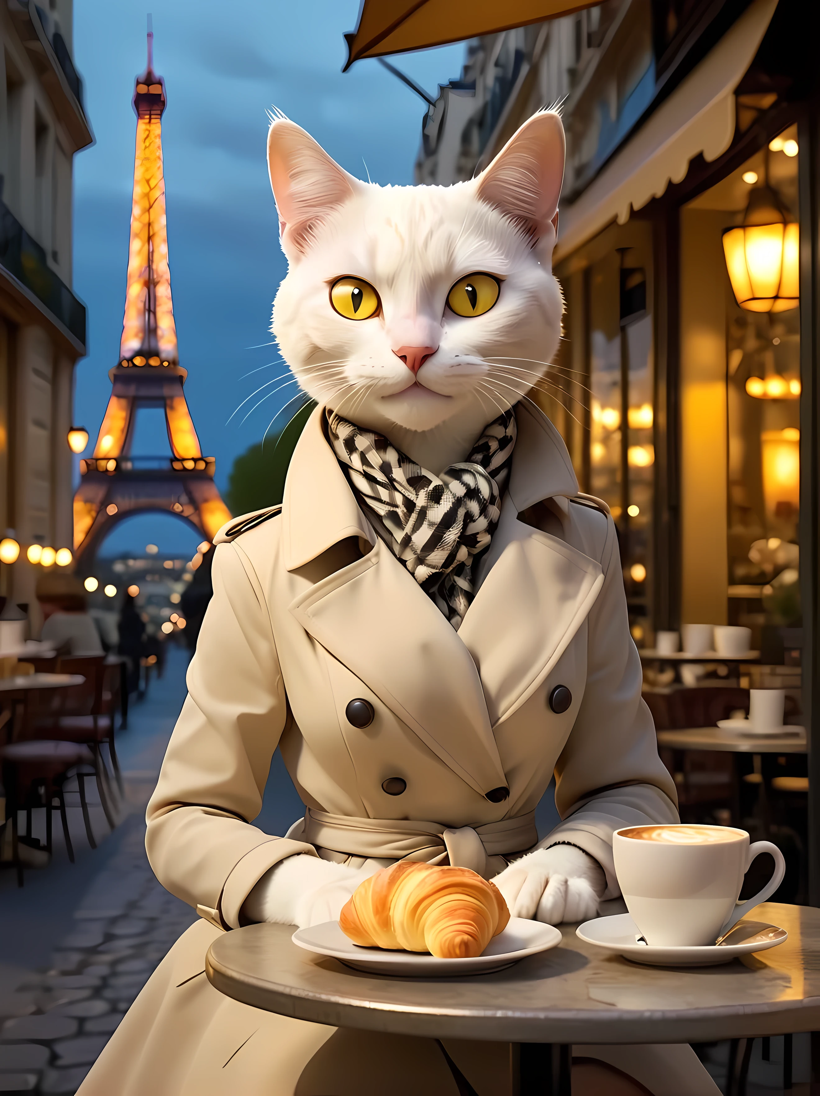 Design a captivating image of a charming ((anthropomorphic)) white cat elegantly seated at a small bistro table with an arrangement of croissants and a steaming cup of rich coffee at night, wearing a (fashionable) chic Parisian outfit, a stylish knee-length trench coat with a subtle houndstooth pattern, a silk scarf, cozy café setting, exuding a warm and inviting ambiance, romantic Parisian atmosphere, soft ambient lighting. | The silhouette of the Eiffel Tower in the far distance. | Vivid yellow eyes, sparkling, ((smiling directly at the viewer)), ((epic)). | ((More_Detail))
