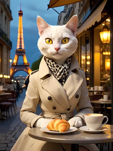 Design a captivating image of a charming ((anthropomorphic)) white cat elegantly seated at a small bistro table with an arrangem...