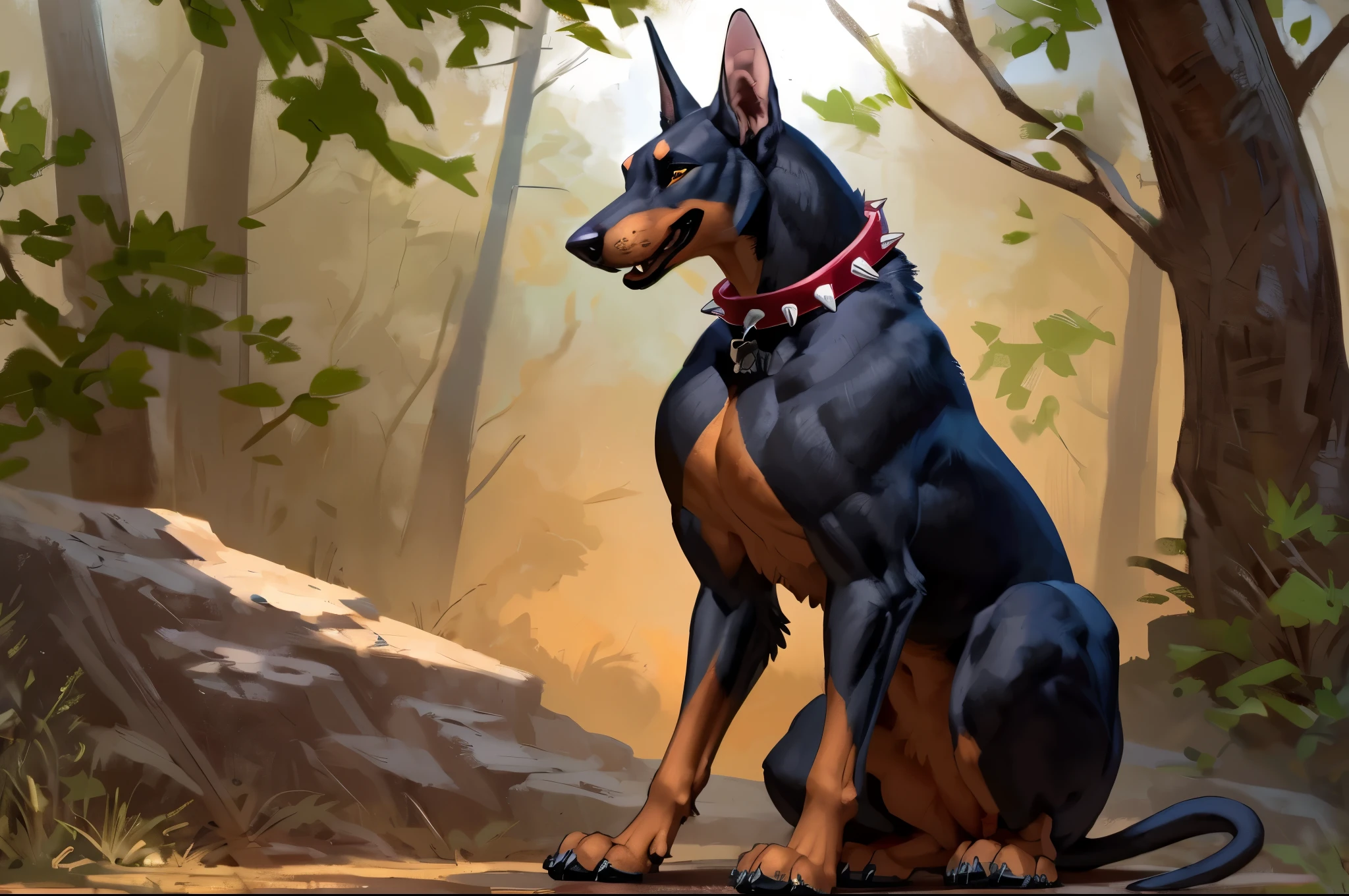 (by halbean), (by Taran Fiddler), solo, (feral:1.6), CANINE, domestic dog, Doberman pinscher, short black fur, shiny fur, smooth body, slender neck, long snout, pointed ears, cropped ears, curvy body, feminine, female, spiked collar, panting, excited, looking at viewer, portrait, sitting