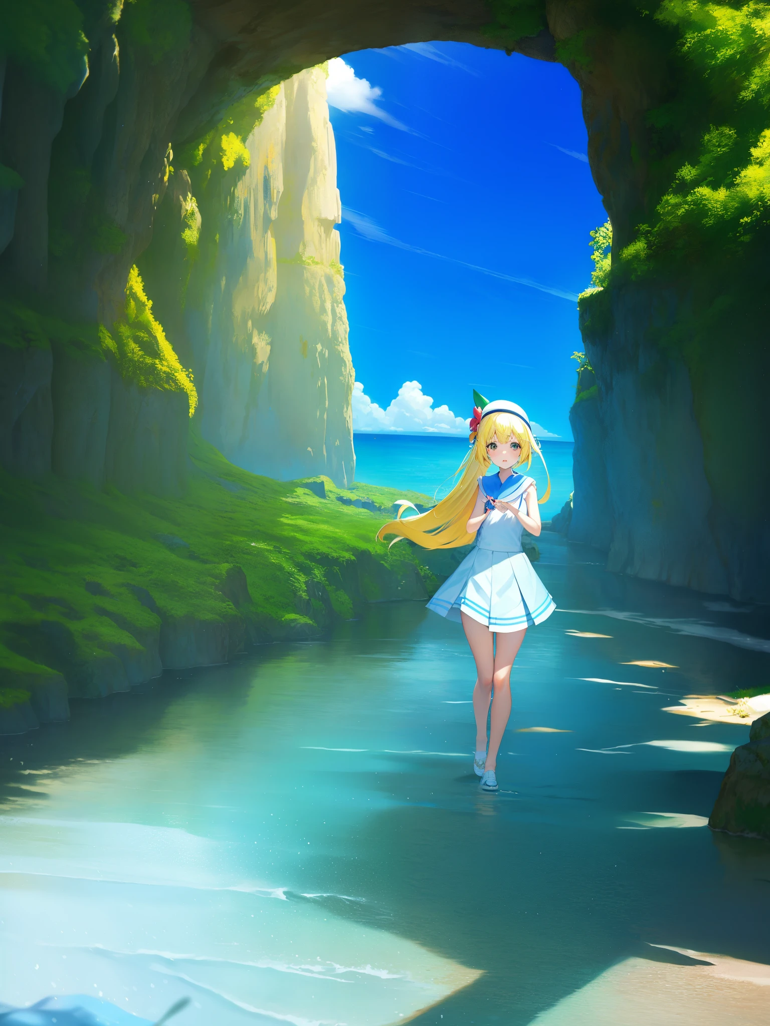 Pokémon、sunset、Tropical Alola region、lillie、Snow-white skin and long pale blonde hair、White princess-line sleeveless dress and white wide-brimmed hat、french braid、high ponytail、blue mini skirt、blue pleated skirt、sailor color、shirt、short sleeve、blue skirt、White shirt、white skirt「Lady」、Blonde girl、Pippi Ningyoya Cosmetics、orthodox heroine、Lily flower、Escape from the rain and take shelter together in a cave、lillieは月の象徴で、Hau is the image of the sun。lillieが月ではなく、I will become a shining sun」、pacifist、Directional tone deafness、