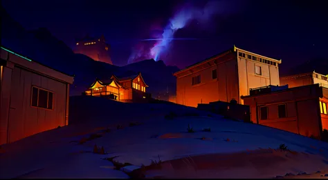 There is a photo of the city，The background is a mountain, Sci-fi Mongolian Village, Rendered in Unity 3D, village ， Unreal Engi...