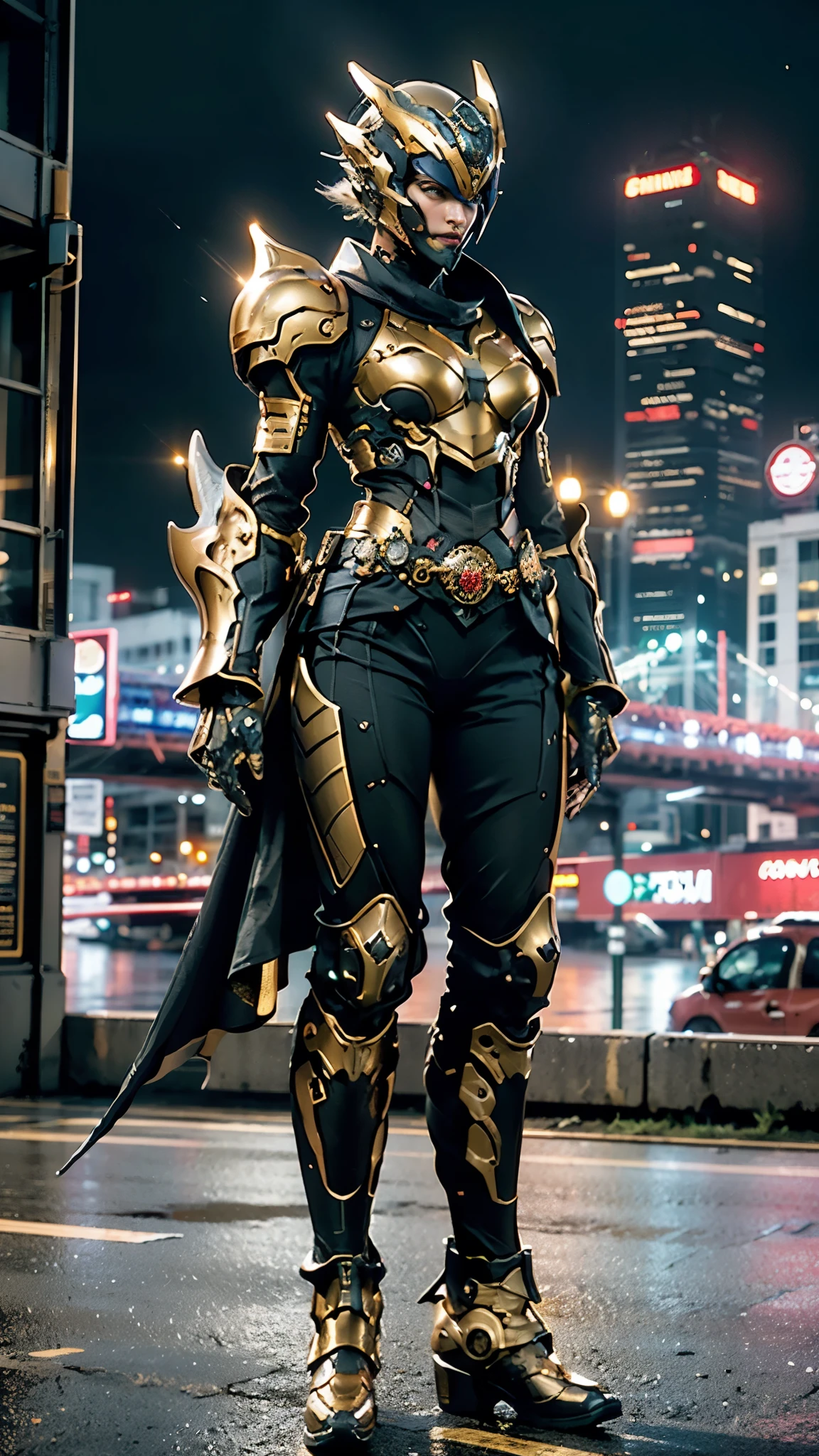 A woman adorned in fantasy-style full-body armor, a crown-concept fully enclosed helmet that unveils only her eyes, a composite layered chest plate, fully encompassing shoulder and hand guards, a lightweight waist armor, form-fitting shin guards, the overall design is heavy-duty yet flexible, ((the armor gleams with a golden glow, complemented by red and blue accents)), exhibiting a noble aura, she floats above the Futuristic city, this character embodies a finely crafted fantasy-surreal style armored hero in anime style, exquisite and mature manga art style, (Dragon concept Armor, photorealistic:1.4, real texture material:1.2), ((city night view, elegant, goddess, femminine:1.5)), metallic, high definition, best quality, highres, ultra-detailed, ultra-fine painting, extremely delicate, professional, anatomically correct, symmetrical face, extremely detailed eyes and face, high quality eyes, creativity, RAW photo, UHD, 32k, Natural light, cinematic lighting, masterpiece-anatomy-perfect, masterpiece:1.5