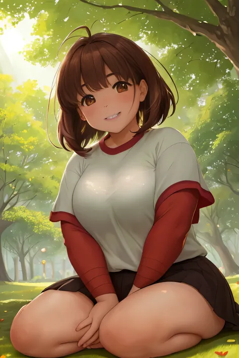 In the heart of a serene park, a chubby girl in a red soft jacket and black t-shirt sits on the lush, emerald-green grass, bathe...