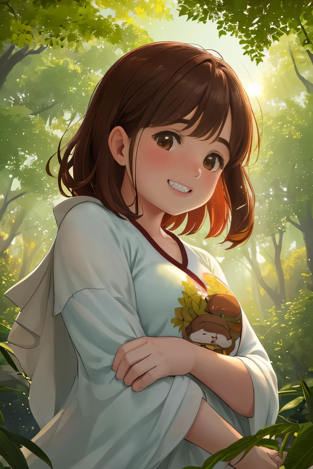 In the heart of a serene park, a chubby girl in a red soft jacket and black t-shirt sits on the lush, emerald-green grass, bathed in the golden sunlight filtering through the leaves of a nearby tree. The depth of field perfectly captures the subtle detail of her chubby face, adorned with a toothy smile and rosy cheeks that seem to reflect the warmth of the sun. Her red brown eyes, as intricately detailed as the eyes of a god, gaze intently at the viewer, creating an unbreakable connection.

The gentle breeze stirs the air, and with it, light particles dance around her, casting a soft, ethereal