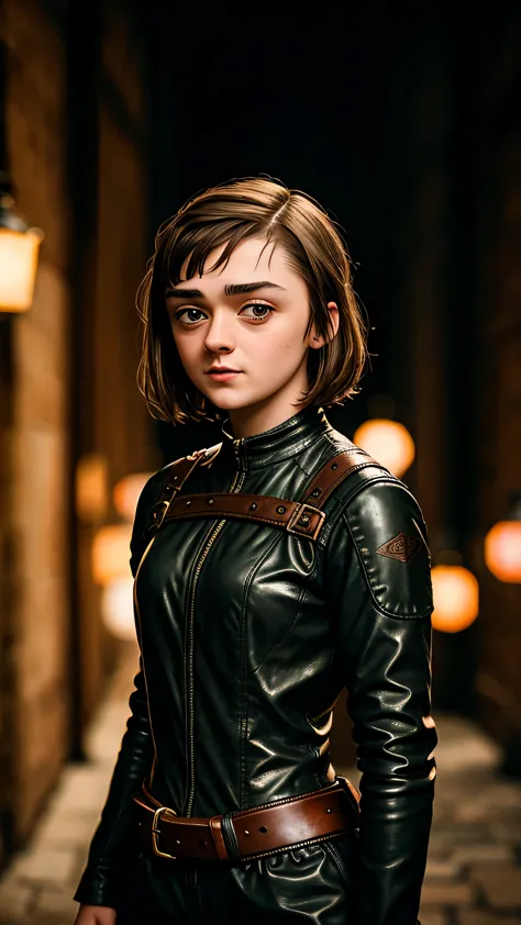 adult (sks woman:1) as Arya Stark, short brown locks, luxury brown assasin leather suit, holding daggers, standing on the mediva...