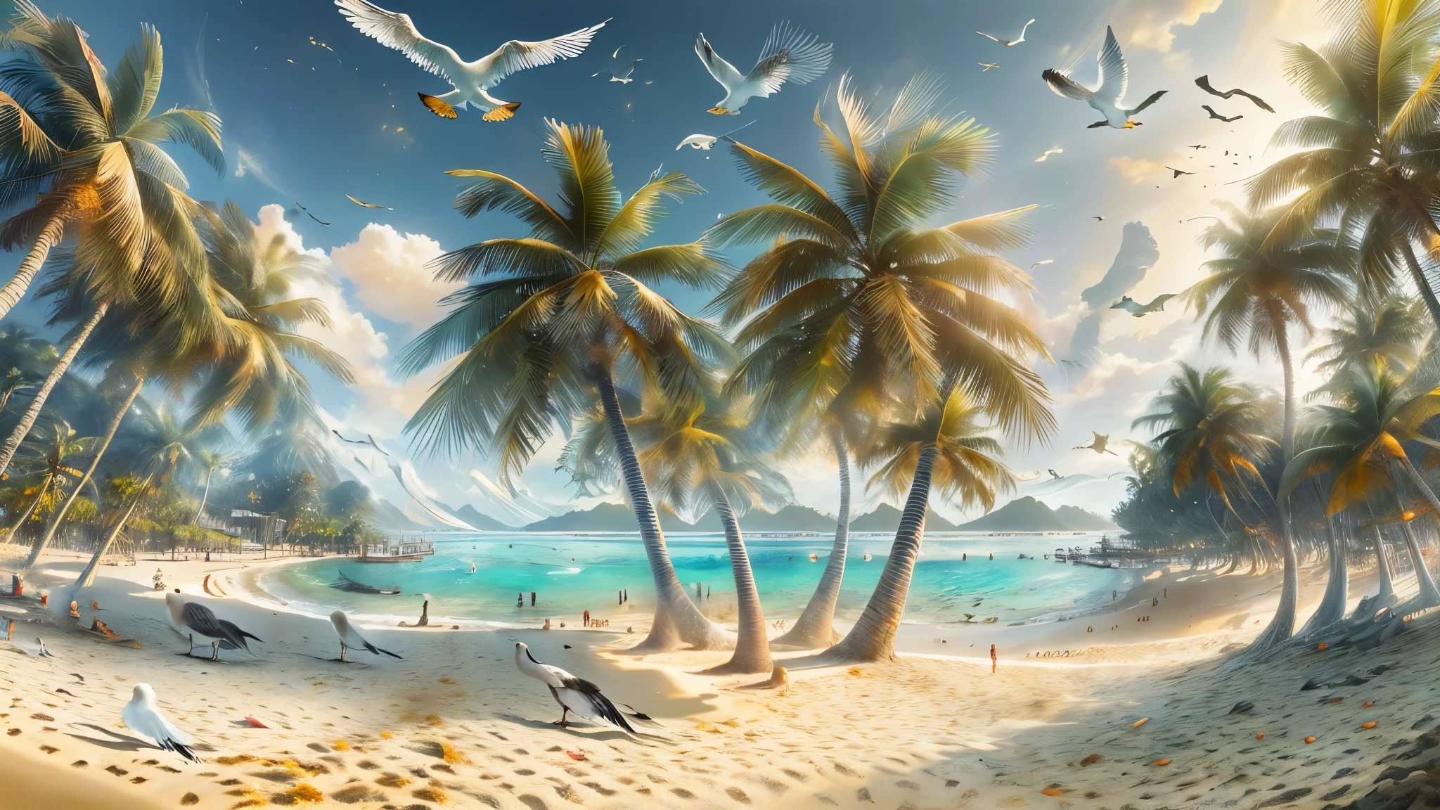 chef-d&#39;œuvre, Meilleure qualité, 8k, Vue panoramique, Île paradisiaque, chef-d&#39;œuvre, 8k, Meilleure qualité, Vue panoramique, sable doré, cocotiers, mouettes,