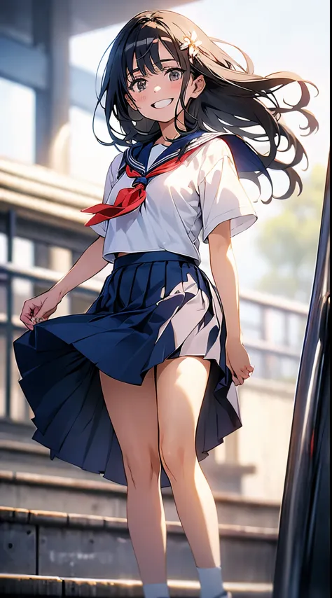 1 female, ,((sailor suit)),beautiful breasts,,good style,,(facing the front)(((natural smile)),(((The wind blows up my skirt))),...