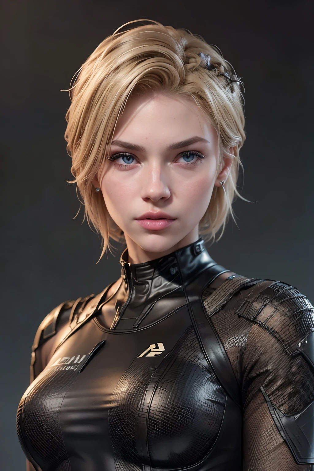 ((Visage d&#39;AlexiaThompson01R)). belle fille blonde. parfait, blonde cheveux, short cheveux, straight cheveux, yeux bleus. regard fermé. Oeil bleu vif. loose cheveux, cheveux. cheveux falling over one eye, Bangs emo. Lèvres roses. parfait, peau blanche. nez fin, menton fin. visage de profil, visage de côté. ((Tout le corps))((vue de face)) (combinaison tactique, ESPIONNER. combinaison noire, vêtements en lycra transparent, tissu polyamide élasthanne, Vêtements serrés, vêtements noirs)