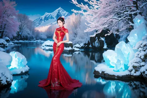 Chinese style beauty，red cheongsam，dance to tune，The background is a distant view of snowy mountains，surreal、dreamlike、bright co...