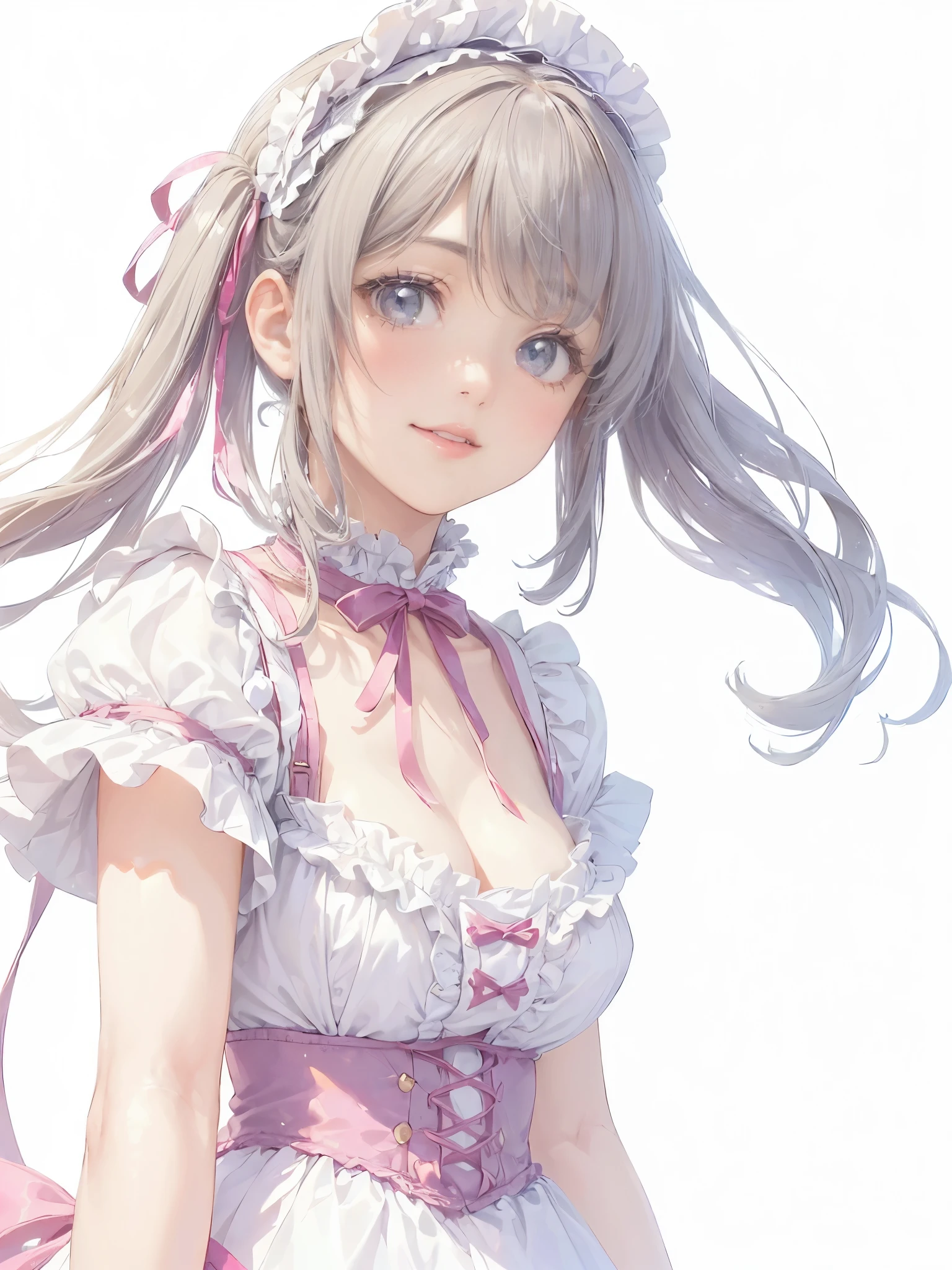 (((1 girl)))，masterpiece，highest quality，realistic，Upper body，long hair，gray hair，skin texture、Too cute smile，beautiful costume，intricate costumes，(lolita fashion，vintage style:1.2)、The hem of the costume is long，celebration，white background、pink coat,