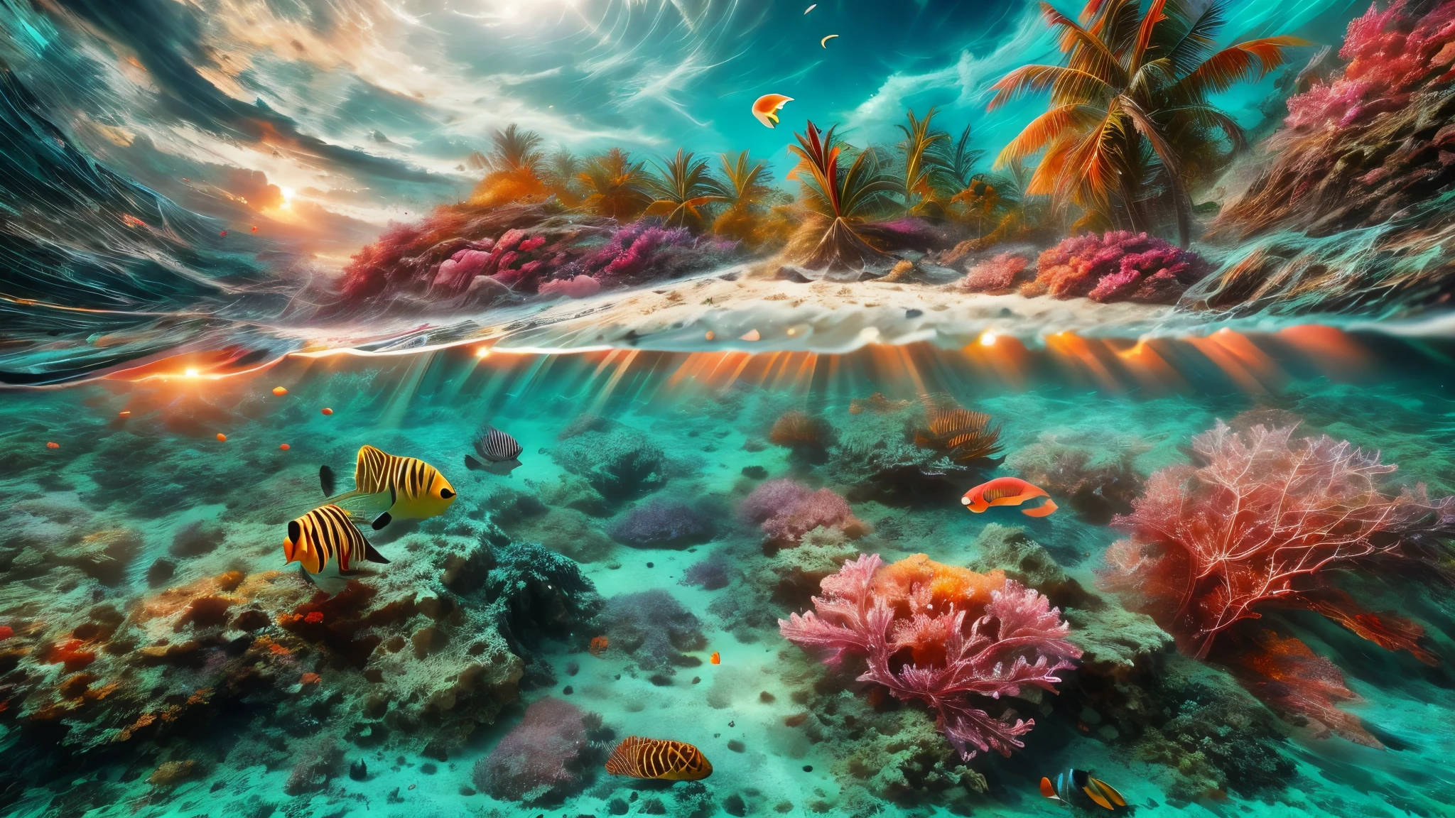água turquesa cristalina, recifes de corais vibrantes, Paraíso subaquático, pássaros tropicais, praias com palmeiras, pôr do sol de tirar o fôlego, atmosfera tranquila, brilho etéreo, Beleza surreal