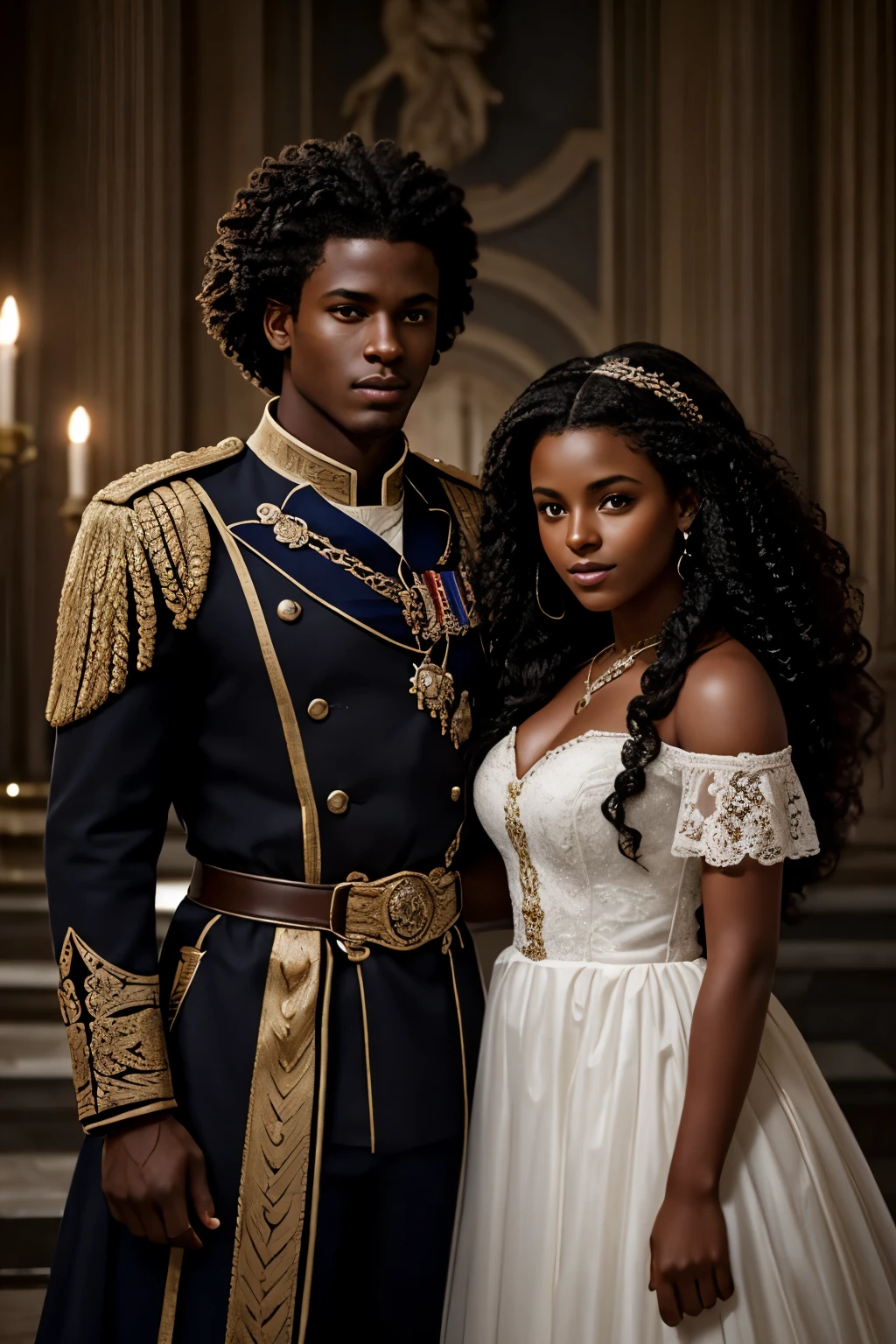 Je veux que tu me fasses une couverture pour un roman Fantasy darkromance, ces deux personnages sont noirs de peau, dark skin, ils ont jeunes, they are royalty. Le garçon est dark skin, with curly mid-length hair, the girl has long curly hair. They are very beautiful.
Cover of fantasy darkromance book, a darskin young man and a darkskin young woman, very beautiful, curly hair. The book is about royalty, politic, war, celest kingdom, power and angels.