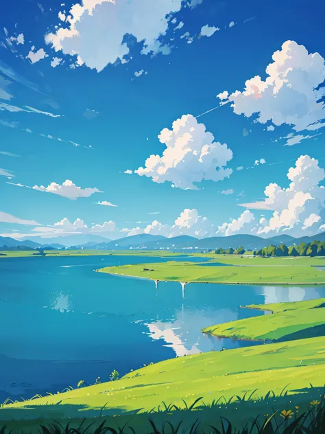 A vast grassland with a blue sky full of clouds with lake
