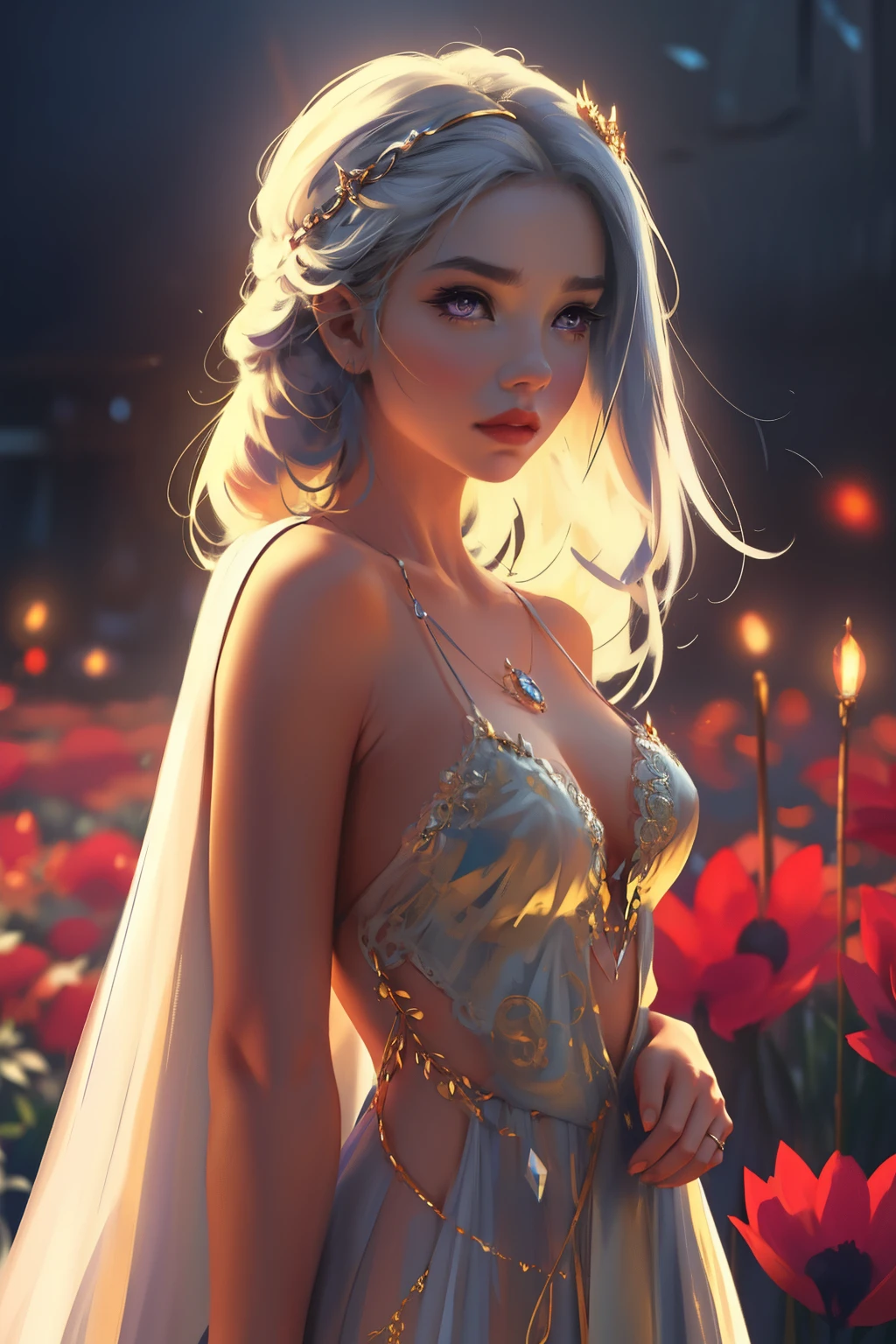 luz, Neón, jardín, red and blue tones, una niña vestida con un sencillo vestido de seda blanco pálido con bordados plateados, se parece a daenerys, pelo largo y suelto blanco, impresionantes ojos morados, Pechos expresivos, joyas de oro, cara delicada, detalles intrincados, beautiful fantasy setting, 8k, alta definición