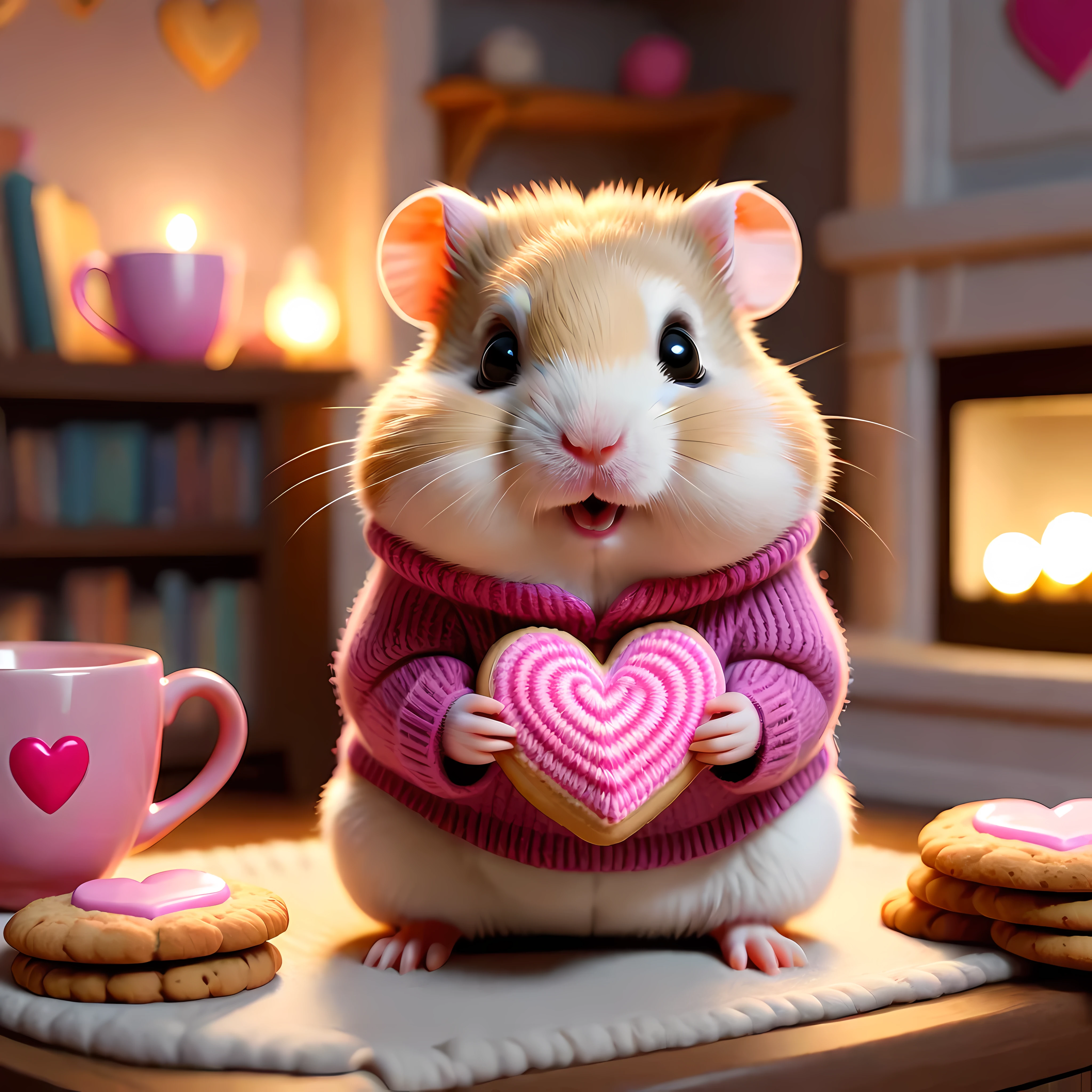 (Close up) of an adorable hamster wearing a cozy knitted sweater in a tiny cozy living room, the hamster ((holding a giant glowing heart)) that is pink, surrounded by plush furniture, soft textures, books, ((a plate of cookies with a teacup)), warm colors and soft lightning, (((looking directly at the viewer))), masterpiece in maximum 16K resolution, superb quality. | ((More_Detail))

