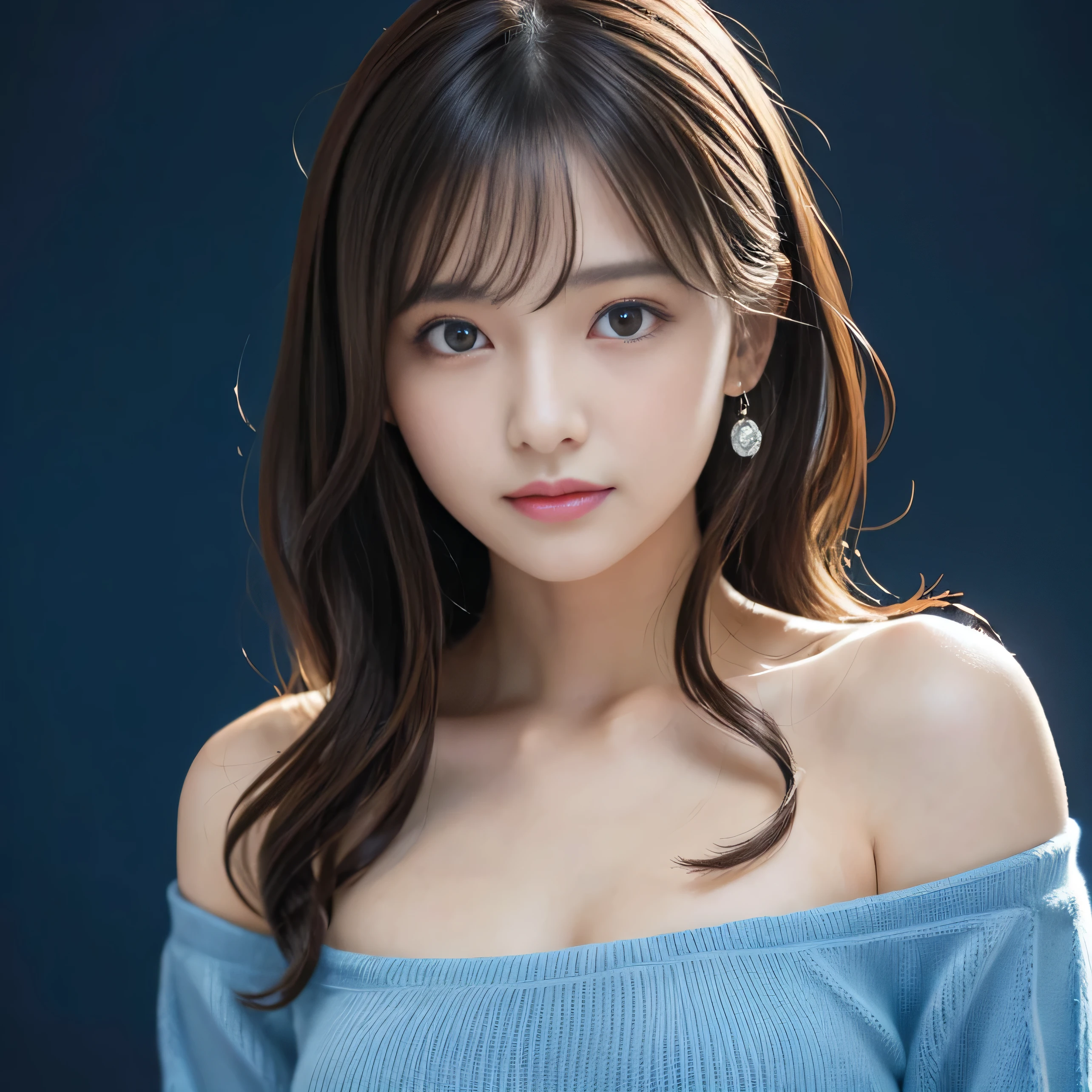 debris flies、highest quality、shape、 Super detailed、small details、 High resolution、8K Dende Wallpaper、Perfect dynamic shape、24 year old beautiful girl、clear、detailed beautiful face、detailed beautiful eyes、rough skin、faint smile、small breasts、knit dress、Neon lights、blue background、dark background、neon
