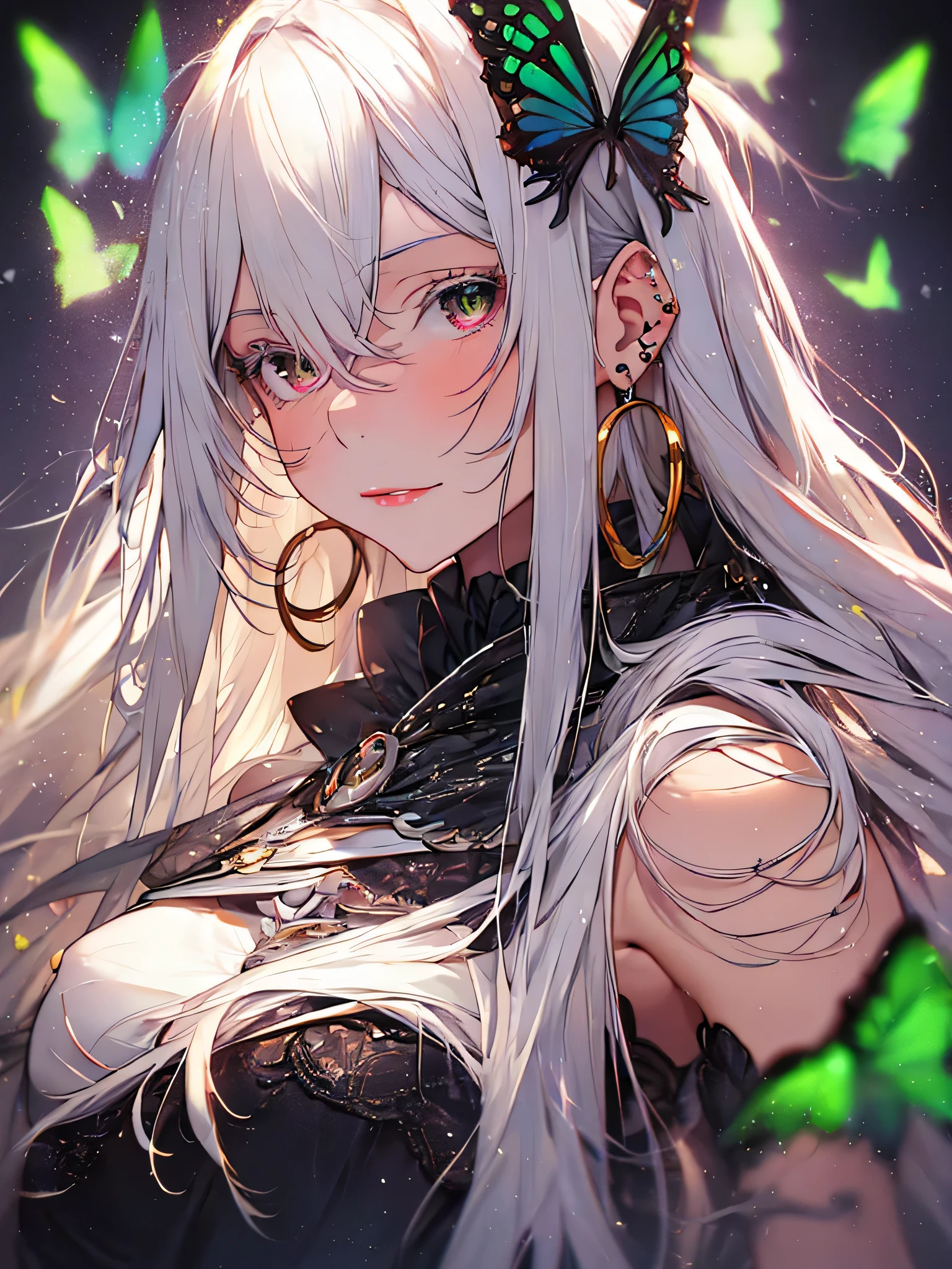 ((highest quality)),(debris flies, ultra high resolution),1 girl, beautiful and detailed face, fine eyes,((gray hair)),(((black and green theme))),((whole body)),perfect eyes、no background,white background,long dress,echidna,butterfly々hair accessory,arrogant expression, 横暴なsmile, masterpiece, highest quality, silver hair,disgusting face,anime style, movieポートレート写真, 1 female, 22 years ago, whole bodyエスビアン,blue eye background, big and full breasts, anger, (gray hair), long hair, green eyes, (natural skin texture vivid details, surreal, (realistic detailed eyes, natural skin texture, realistic facial details), soft and dramatic lighting, Depth of written boundary, Bokeh, vivid details, surreal, 35mm movie, hazy blur, movie,lipstick, ear piercing, eye shadow, hoop earrings, red pink lips, multicolored red eyes, Yellow theme,,Wear an iridescent aura,smile、smile、the corners of the mouth rise