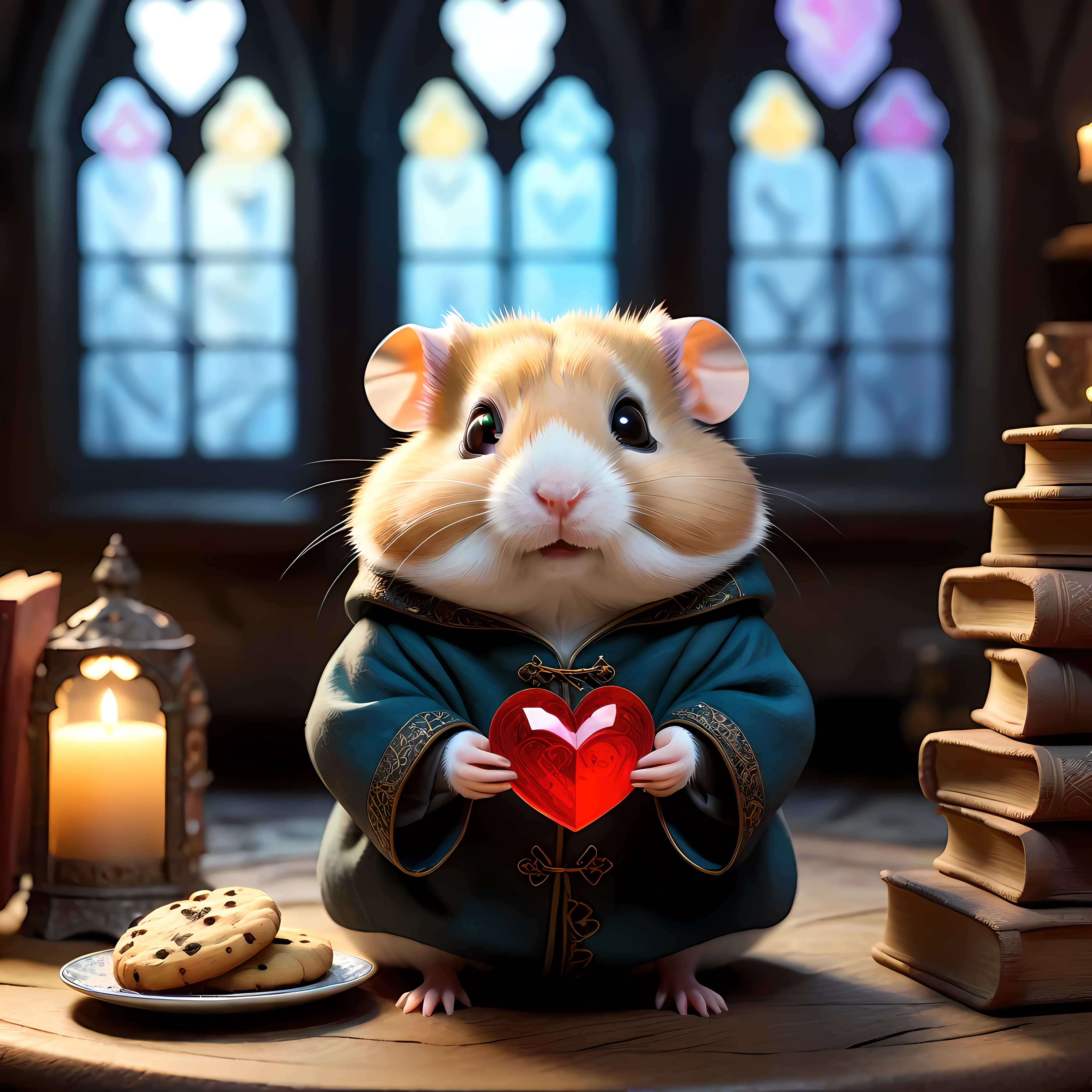 (Close up) of an adorable hamster wearing a cozy medieval coat with intricate embellishment and elegant spectacles in a tiny cozy gothic living room, the hamster (((holds a giant glowing heart))) that is purple, surrounded by plush furniture, soft textures, books, ((a plate of cookies with a tea cup)), cold colors and soft lightning, (((looking directly at the viewer))), ((round colorful stained glass windows in the background)), masterpiece in maximum 16K resolution, superb quality. | ((More_Detail))
