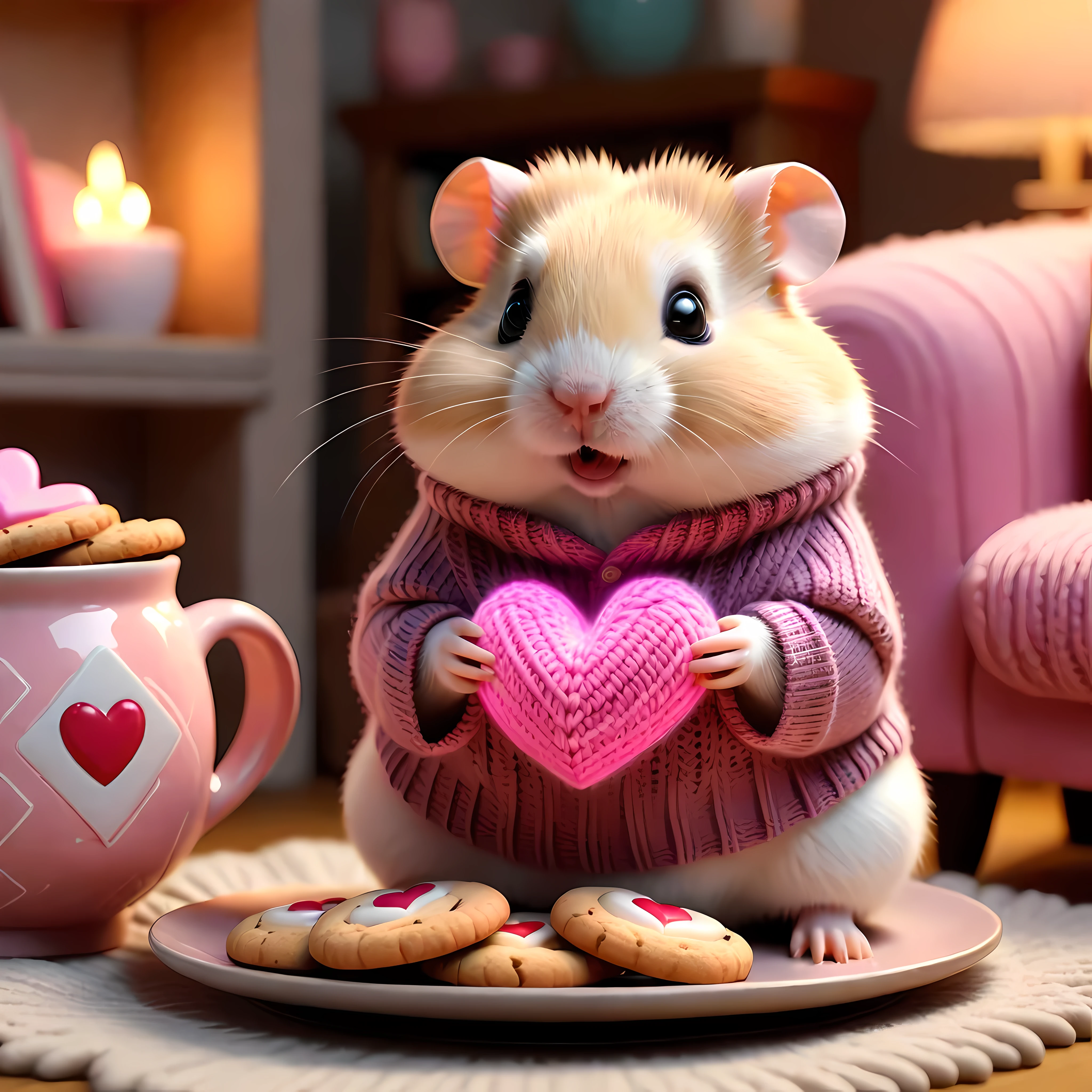 (Close up) of an adorable hamster wearing a cozy knitted sweater in a tiny cozy living room, the hamster ((holding a giant glowing heart)) that is pink, surrounded by plush furniture, soft textures, books, ((a plate of cookies with a teacup)), warm colors and soft lightning, (((looking directly at the viewer))), masterpiece in maximum 16K resolution, superb quality. | ((More_Detail))
