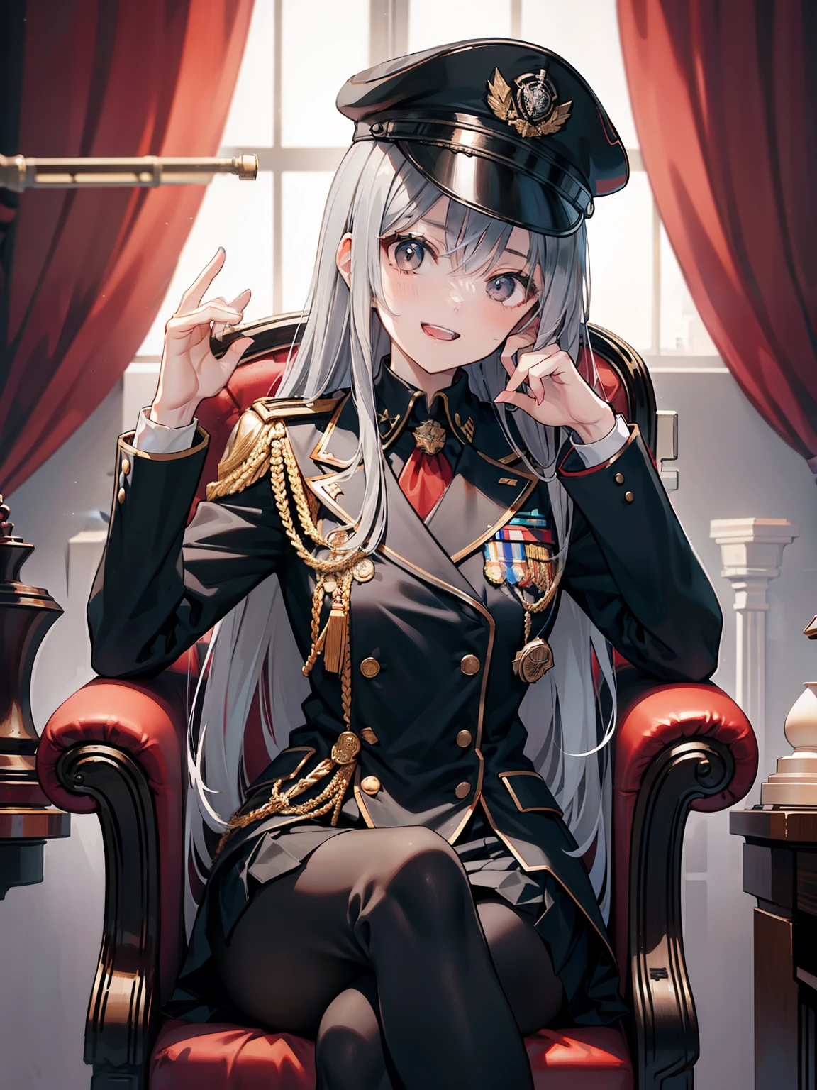 one adult woman/sharp eyes/gray hair/long hair/uniform/military cap/Mr.々a medal/laughing/sitting in a chair/have chess pieces