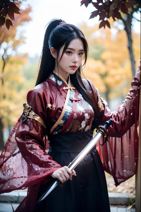 1girl,black hair,embers,falling leaves,falling petals,fire,high ponytail,(holding sword:1.5),Ancient Chinese Hanfu,Brave and spi...