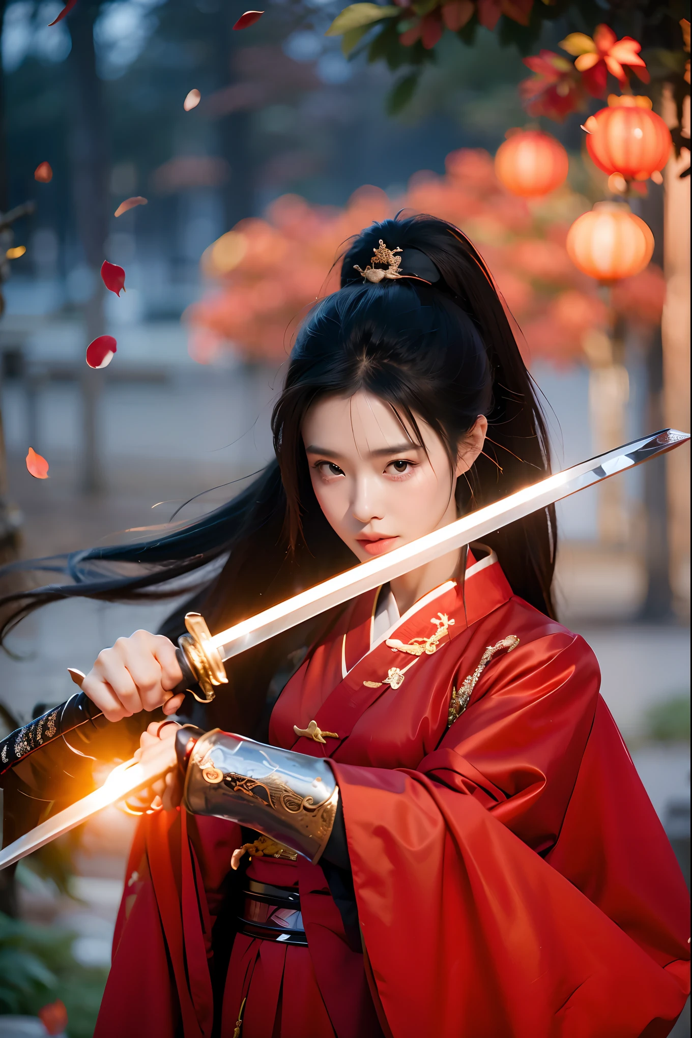 1girl,black hair,embers,falling leaves,falling petals,fire,high ponytail,(holding sword:1.5),Ancient Chinese Hanfu,Brave and spirited,Hanfu,Grasp the hilt with your hand,solo,,sword-dance,long hair,long sleeves,looking at viewer,petals,ponytail,Arm with protective sheath,solo,standing,wide sleeves,best quality，masterpiece，16k