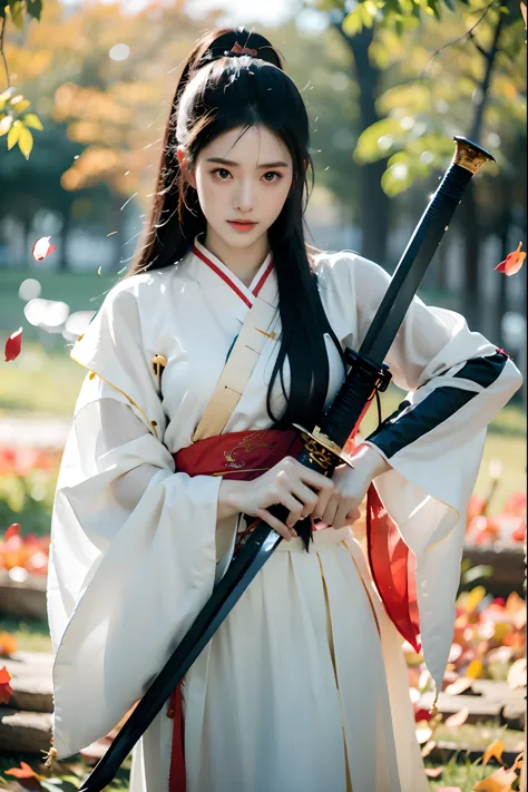 1girl,black hair,embers,falling leaves,falling petals,fire,high ponytail,(holding sword:1.5),Ancient Chinese Hanfu,Brave and spi...