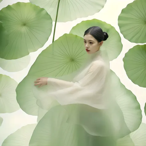 girl，alone，giant lotus leaf，black hair，skirt，look underground，
white skirt，ok，permanently installed，单ok，leaves，long sleeves，red ...