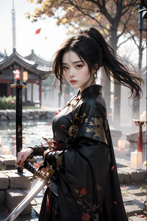 1girl,black hair,embers,falling leaves,falling petals,fire,high ponytail,(holding sword:1.5),Ancient Chinese Hanfu,Brave and spi...